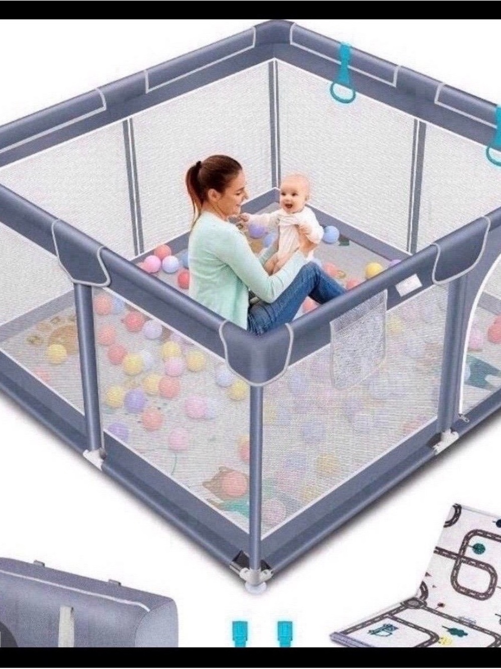 Gray Baby Playpen Safety Play Yard with mat- Portable Kids Toy